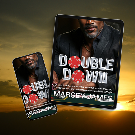 Book cover of 'Double Down' by Marcey James with a sunset background