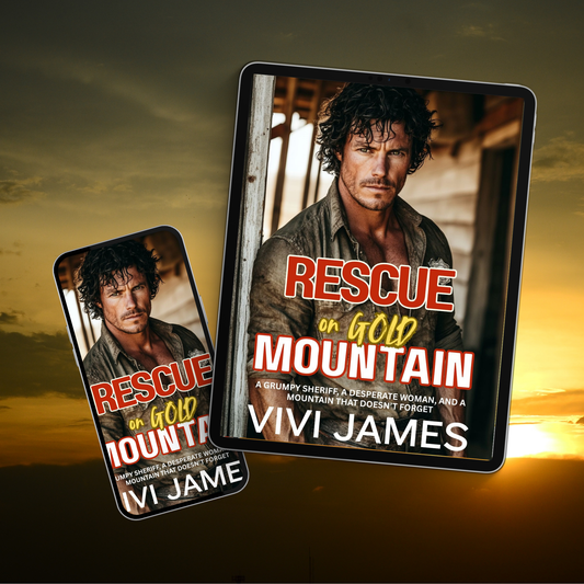Two book covers of 'Rescue on Gold Mountain' by Vivi James against a sunset background.