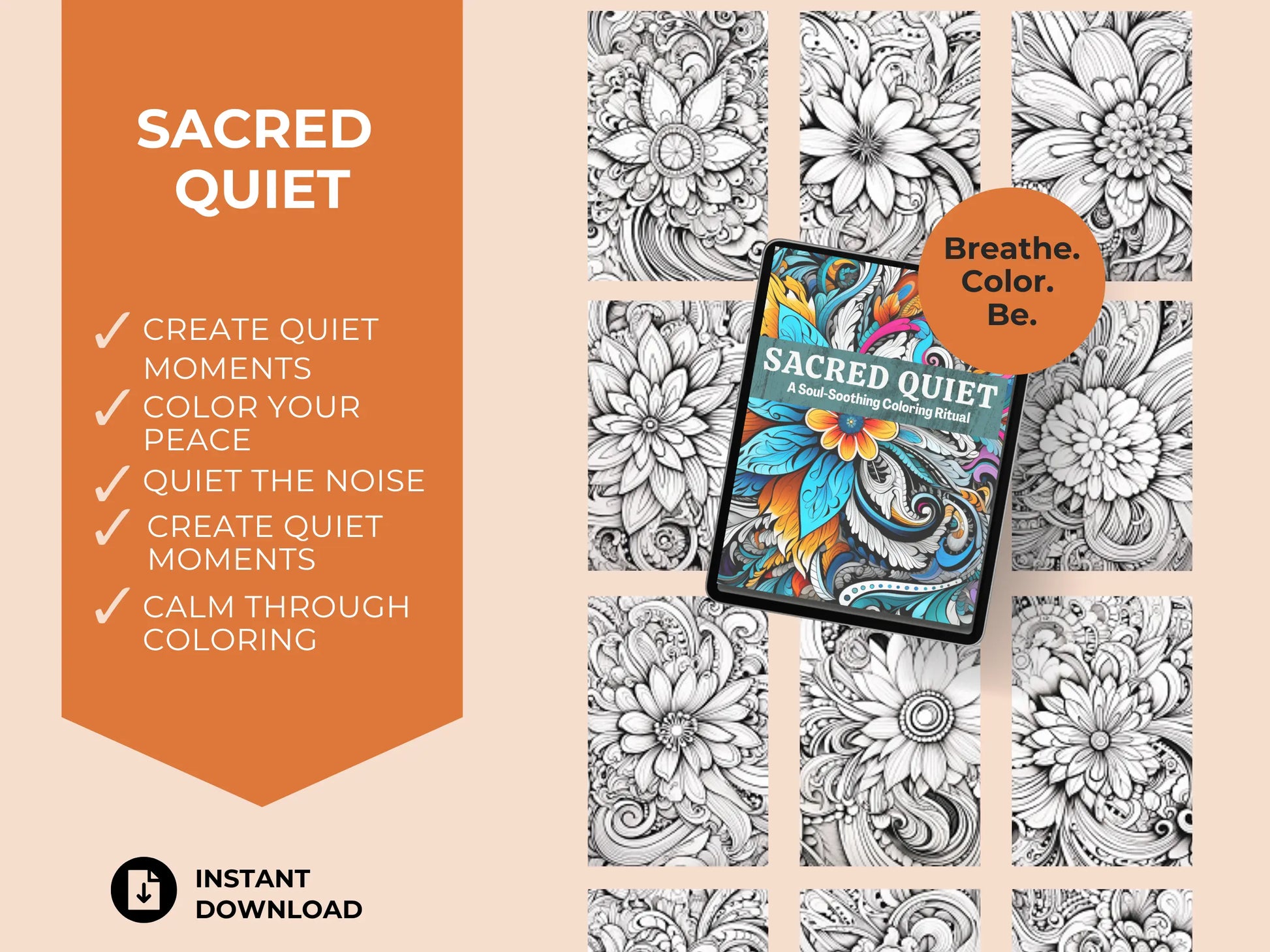 Sacred Quiet coloring book with floral designs and promotional text on a beige background