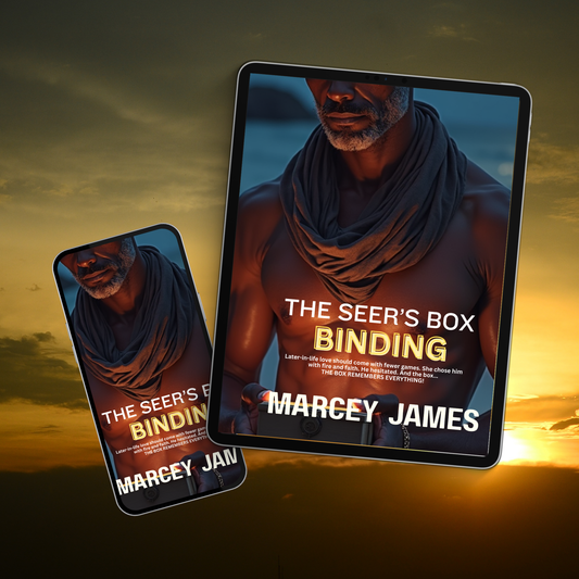 Tablet and phone displaying the cover of 'The Seer's Box Binding' by Marcey James against a sunset background.